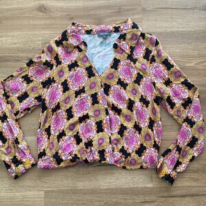 HAUTE HIPPIE Medallion black Pink Wrap Long Sleeve Top sz M